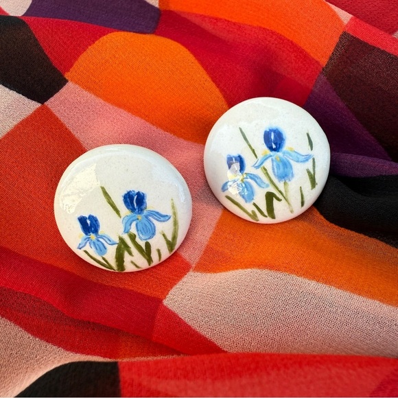 Blue Iris Hand Painted Floral Ceramic Earrings - Picture 1 of 14